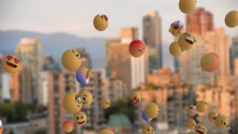 Iconos-Emoji-Volando-Sobre-El-Paisaje-Urbano-4k