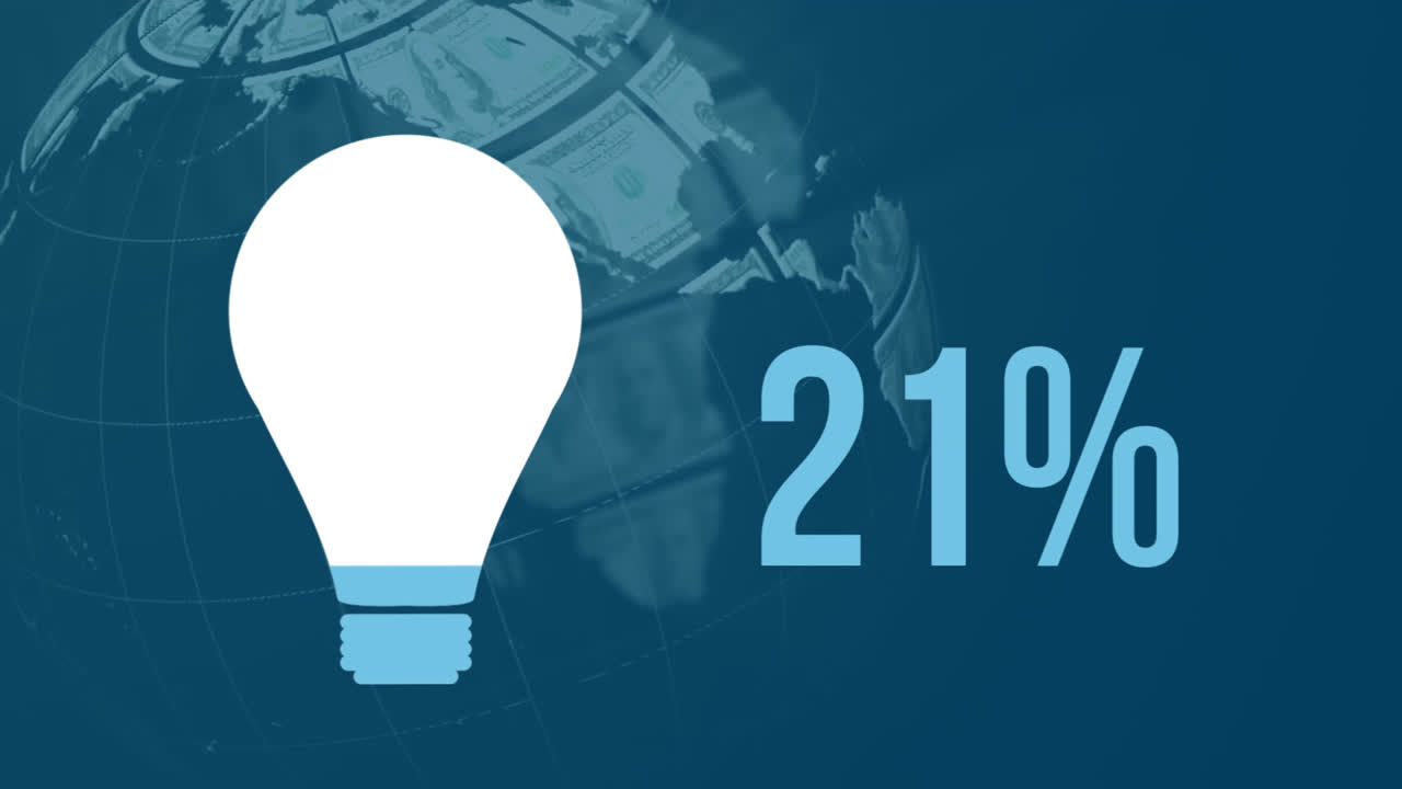Animation of light bulb and percent filling up with blue over globe formed with american dollars