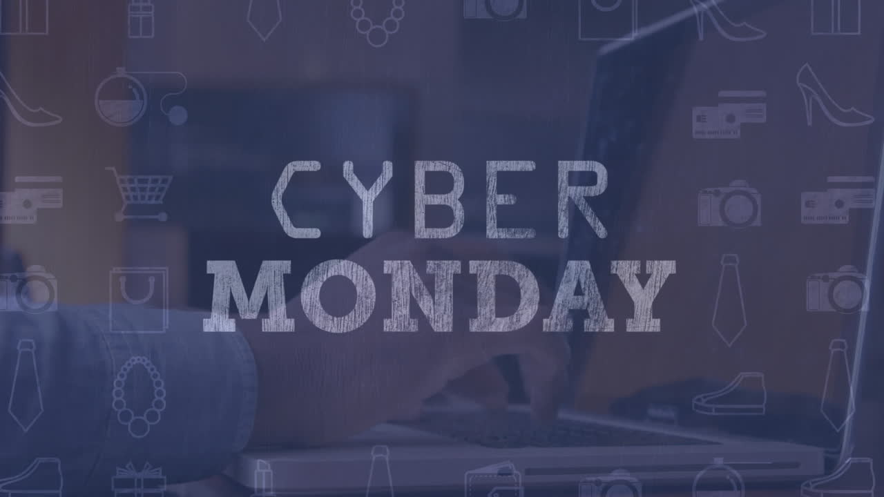 Uomo che fa shopping online su laptop su insegna Cyber Monday e varie icone 4k