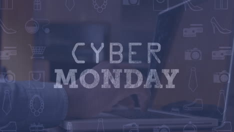 man doing online shopping on laptop against cyber monday sign and various icons 4k