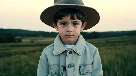 a young boy in a hat stands in a field