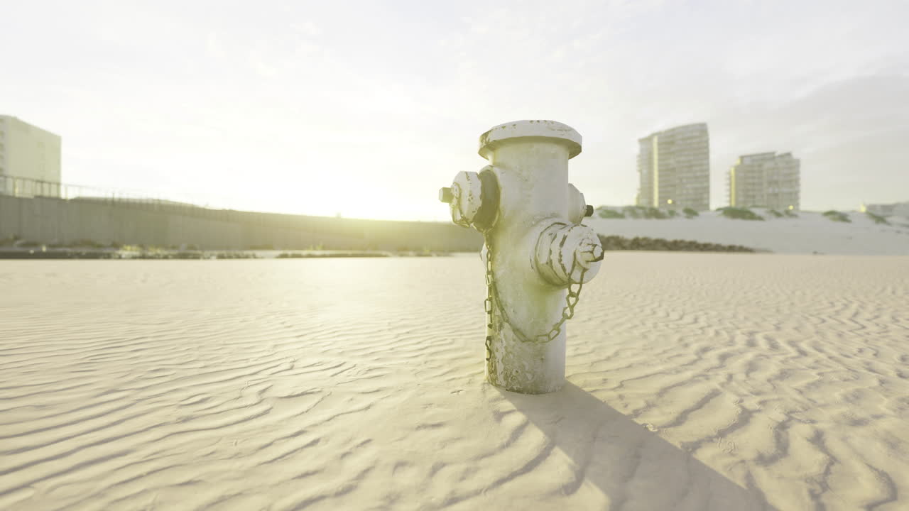 Lonely fire hydrant standing tall against the sandy beach at sunset