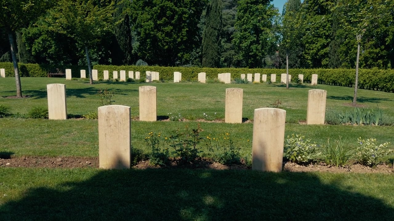 File di lapidi in un cimitero verde.