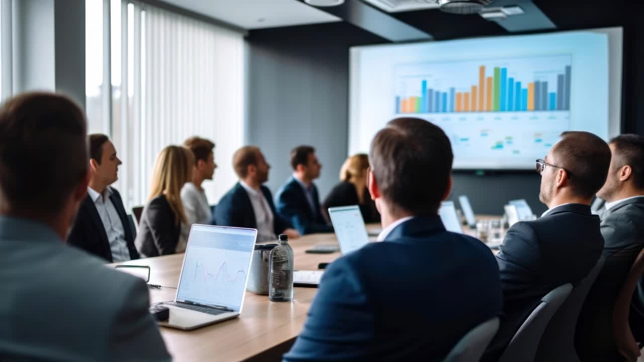 A group of professionals in a meeting room watching a presentation video