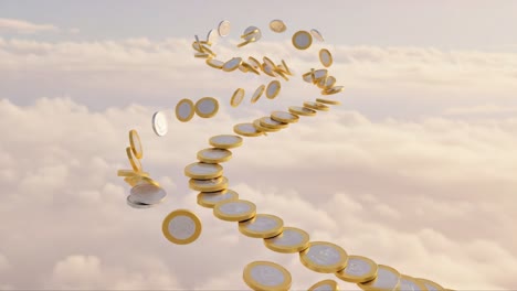 a dreamy pathway of shimmering coins traverses the sky, representing wealth, opportunity, and prosperity in a surreal atmosphere of floating glory