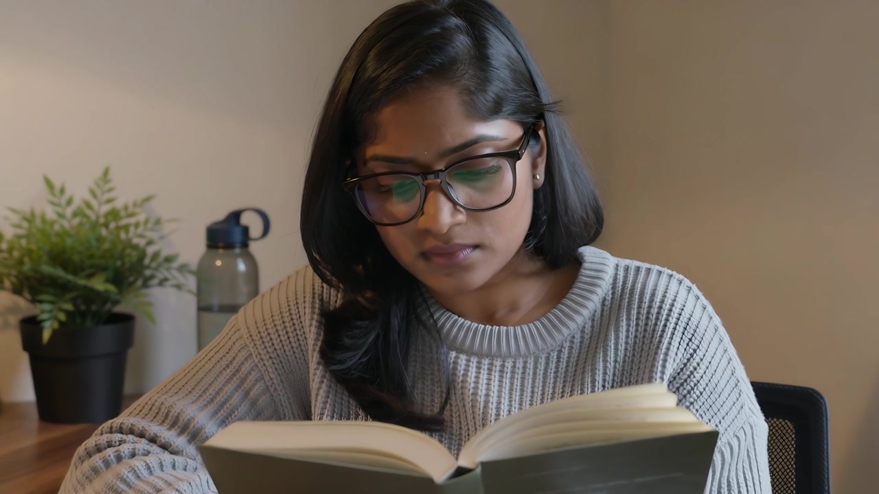 Abrindo um livro de bolso, mulher adulta de óculos estudando em um cantinho de estudo em casa, segurando um livro.
