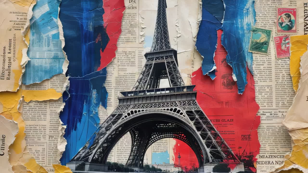 Eiffel Tower Collage with French Flag Colors on Newspaper Background