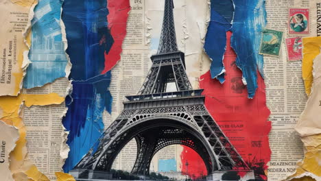 eiffel tower collage with french flag colors on newspaper background