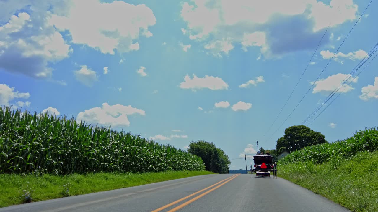Two Amish passengers relax in a horse-drawn carriage as they cross a rural train track under a bright blue sky filled with fluffy clouds. A peaceful countryside setting enhances the experience.