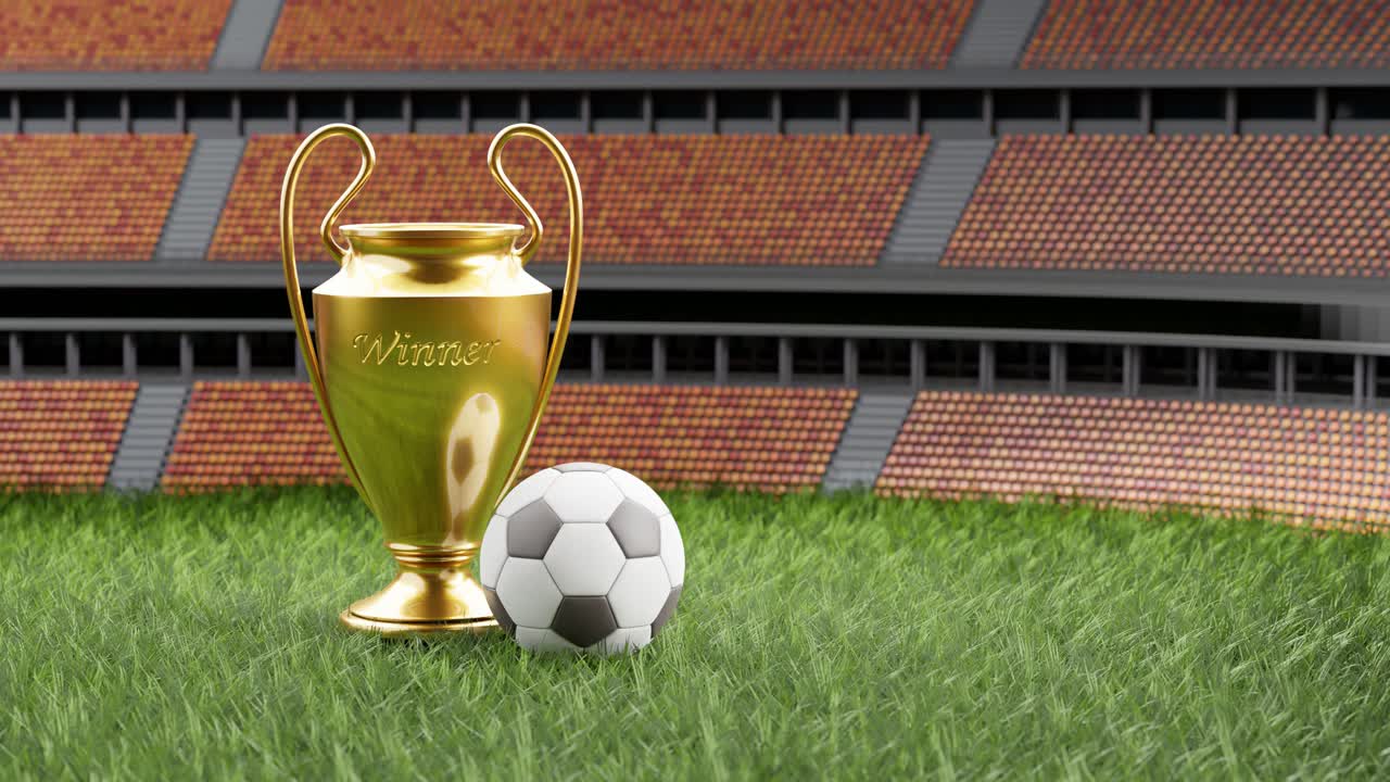 Trofeo di calcio con pallone su un campo da calcio dello stadio, verticale con spazio per il testo