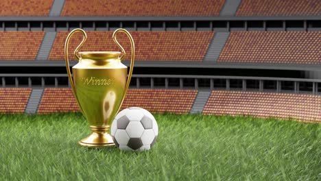 football tournament trophy with ball on a stadium soccer field, vertical with text space