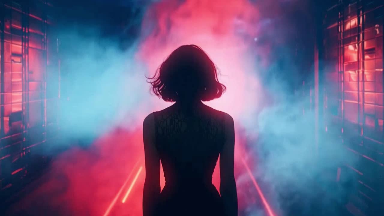 Silhouette of a woman in a neon-lit tunnel