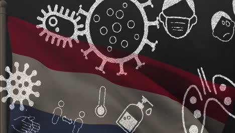 animation of covid 19 virus cells and digital icons over flag of netherlands
