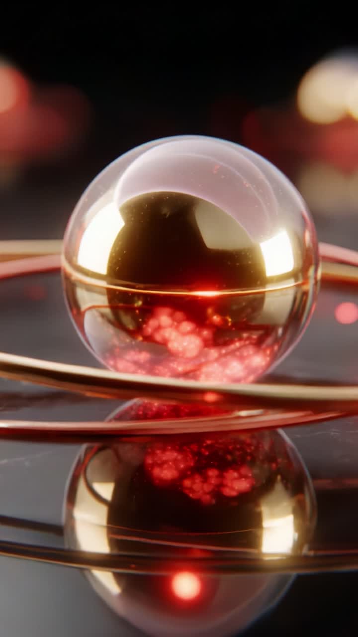 Glistening Orb Reflecting Vibrant Red Lights: A Mesmerizing Visual Dance of Geometry and Color in an Abstract Artistic Representation, Showcasing the Beauty of Light Interaction and Reflections