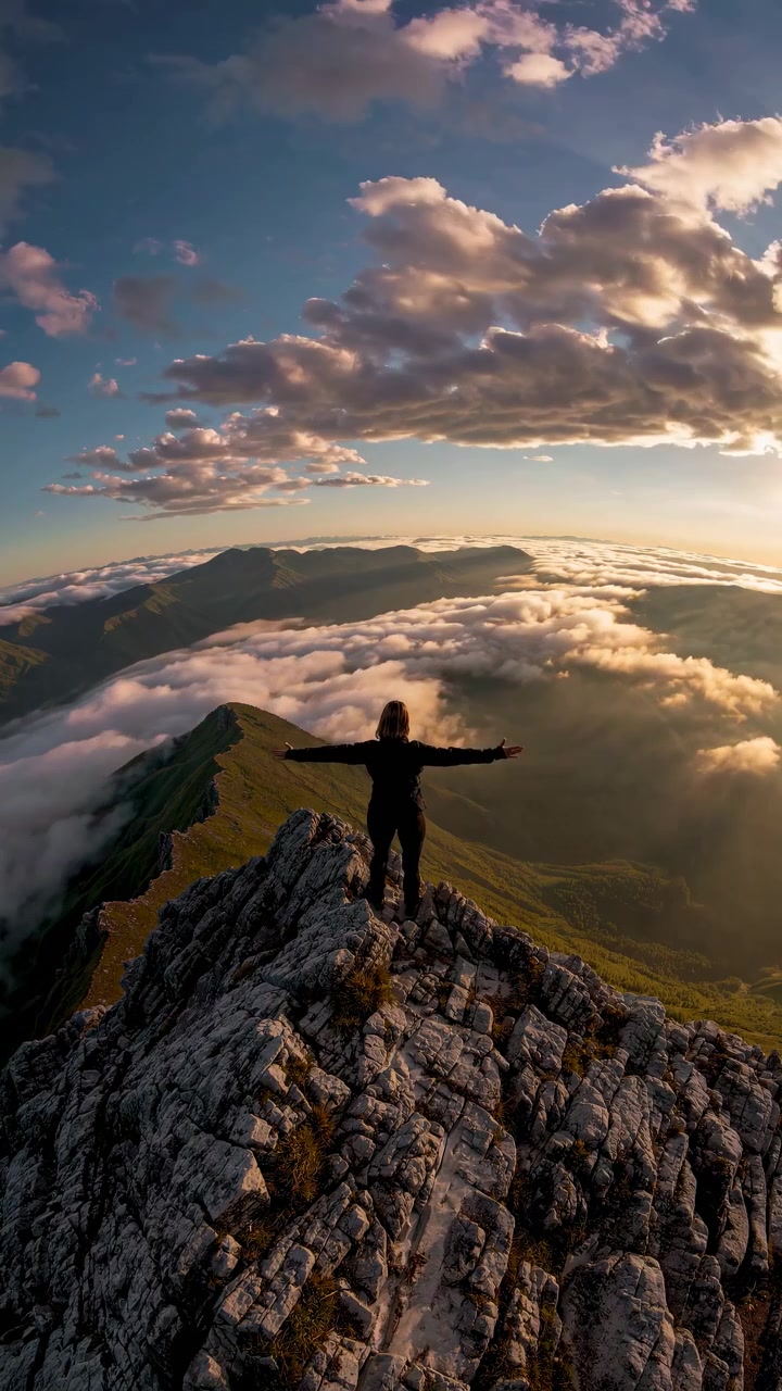 Escursionista in piedi sulla vetta di una montagna sopra le nuvole al tramonto