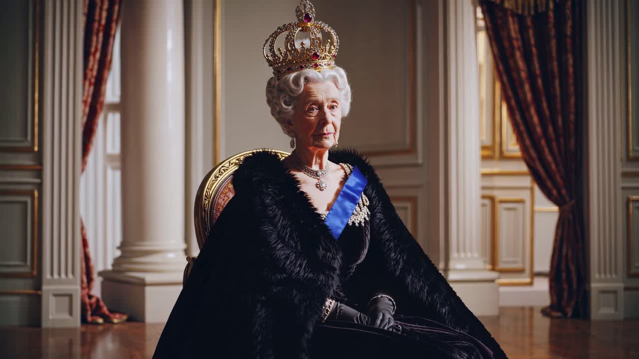 Regal elderly woman in royal attire, seated on a throne. Video shot from a low angle