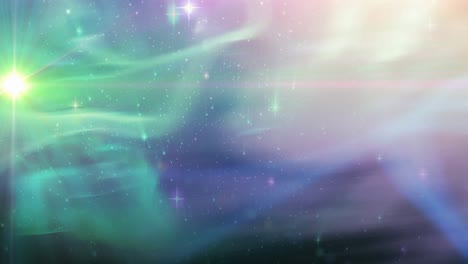 Animation-of-glowing-green-spot-and-stars-on-pink,-green-and-purple-universe