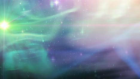 animation of glowing green spot and stars on pink, green and purple universe