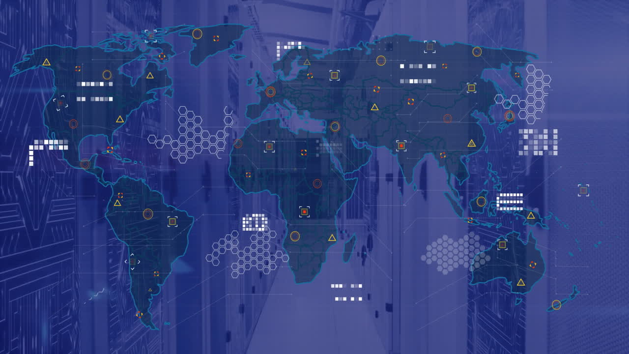 Animation of digital data processing over world map and computer servers