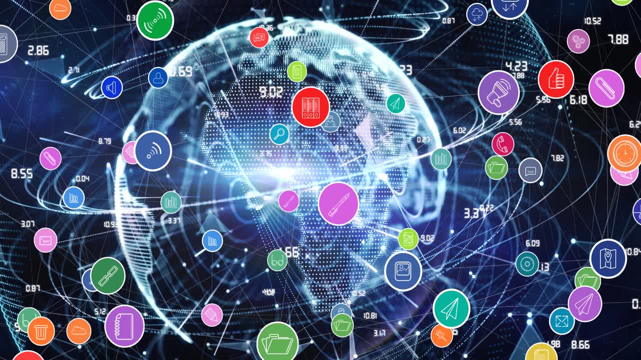 Animation of network of connections with digital icons over globe in background
