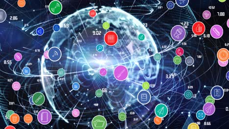animación de la red de conexiones con iconos digitales en todo el mundo en el fondo
