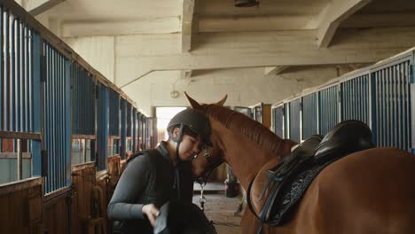 young jockey girl is preparing a horse for a ride in stable.