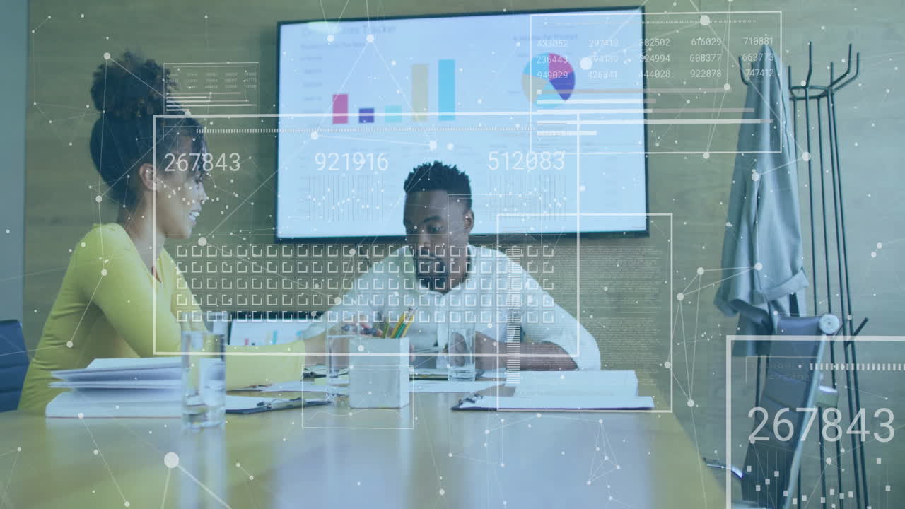 Animation of data processing and network of connections over diverse colleagues working in office