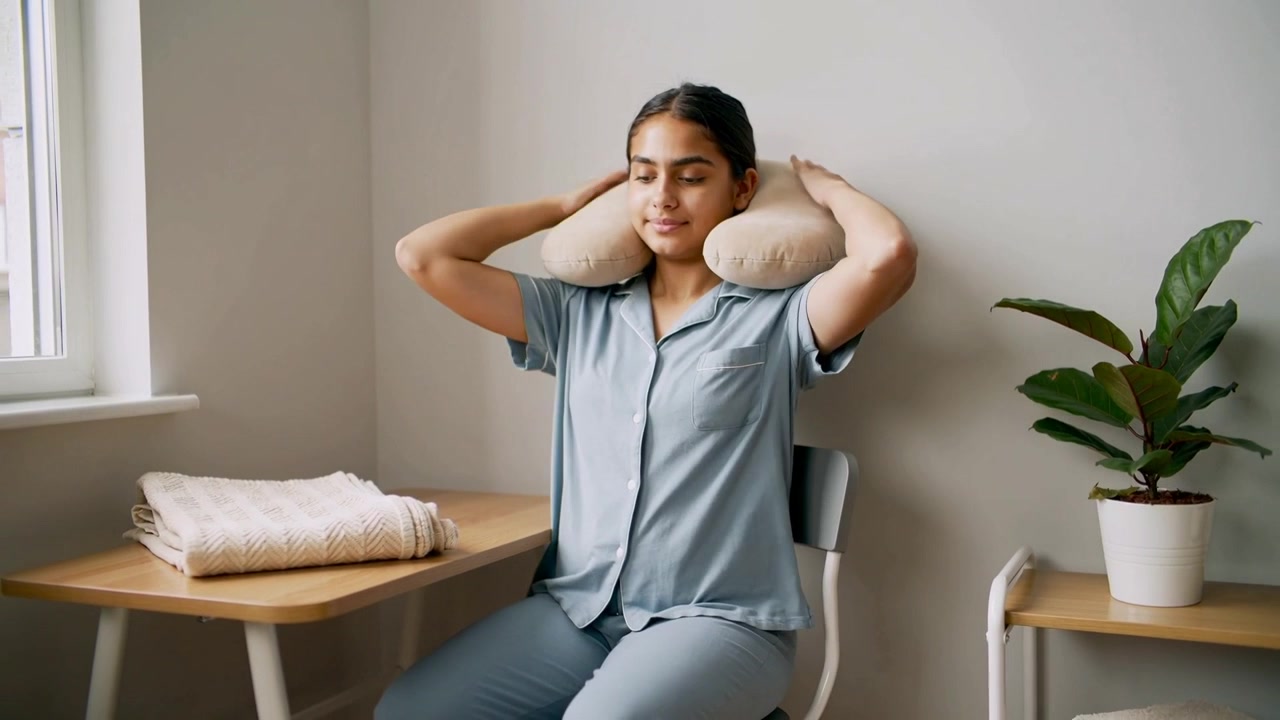 Mujer con ropa azul ajustando una almohada de cuello junto a la ventana, reclinándose y cerrando los ojos