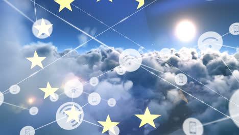 Animation-of-network-of-connection-and-icons-over-ue-flag-and-cloudy-sky