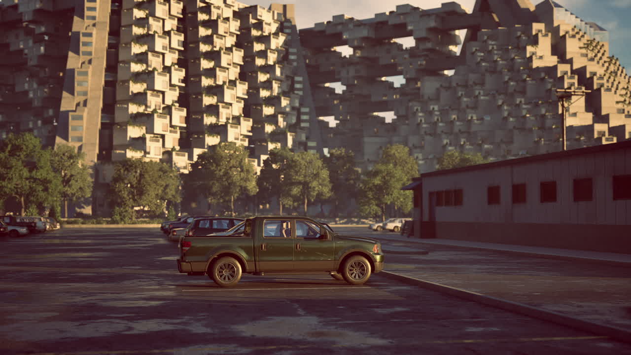 Paesaggio urbano con camion verde parcheggiato di fronte a un'architettura moderna