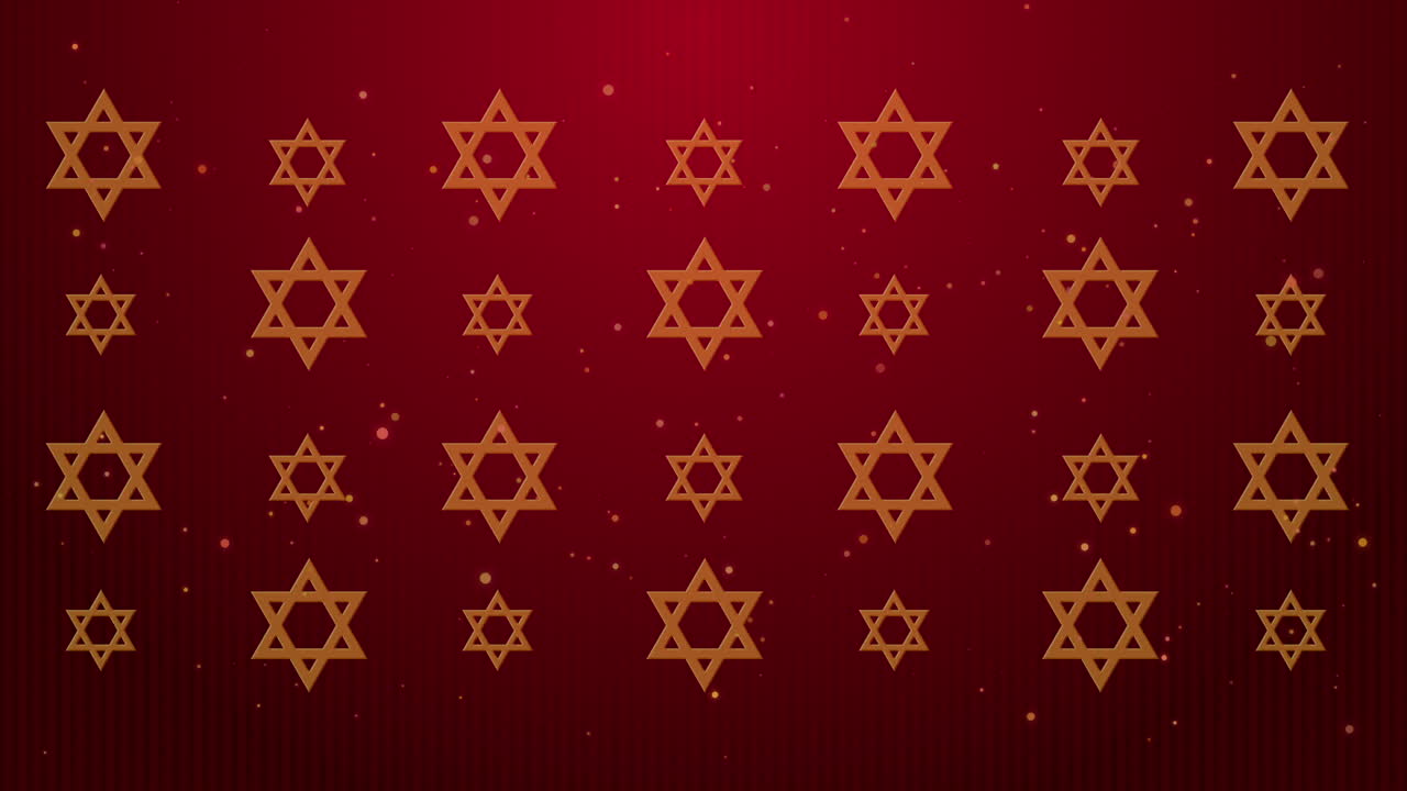 Gold jewish bible star of david symbol on animated red background. Looped motion graphics with blurred particles.