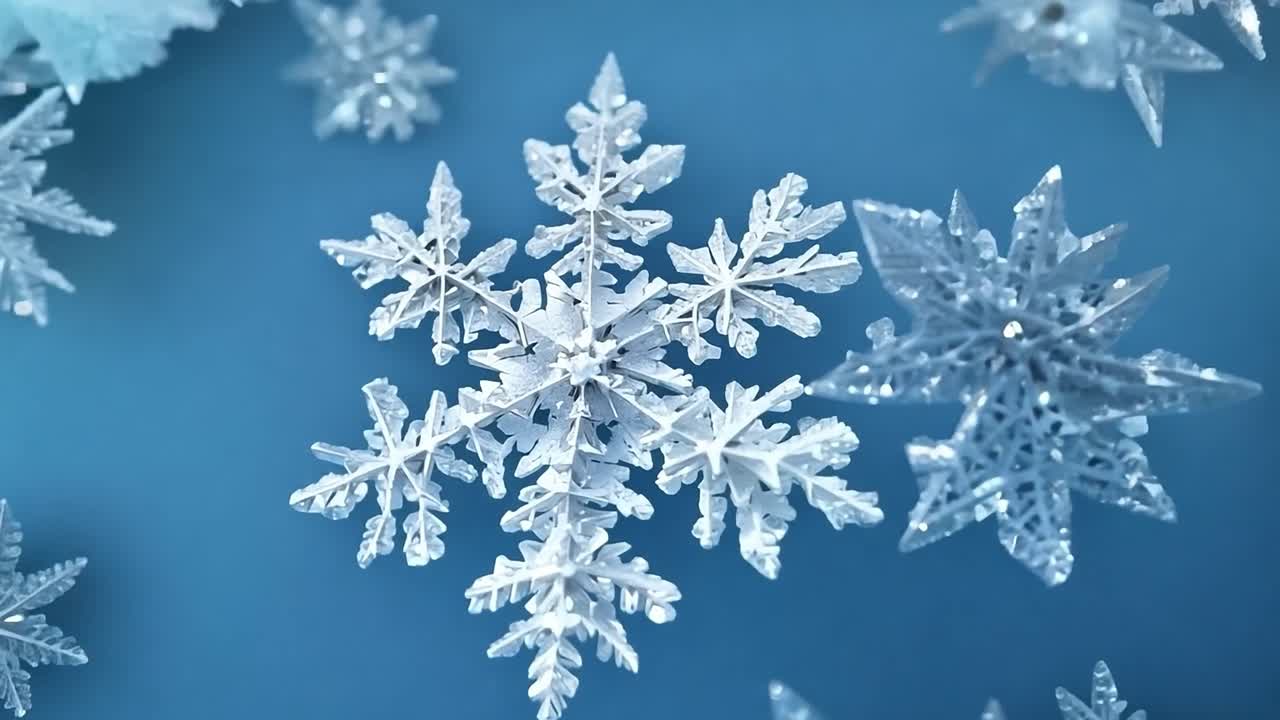 seis planos cercanos muestran copos de nieve formando intrincadas estructuras cristalinas contra un fondo azul, destacando los delicados patrones y la belleza del arte congelado del invierno.