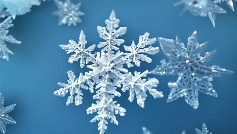 six close up shots showcase snowflakes forming intricate crystal structures against a blue background, highlighting the delicate patterns and beauty of winter's frozen artistry