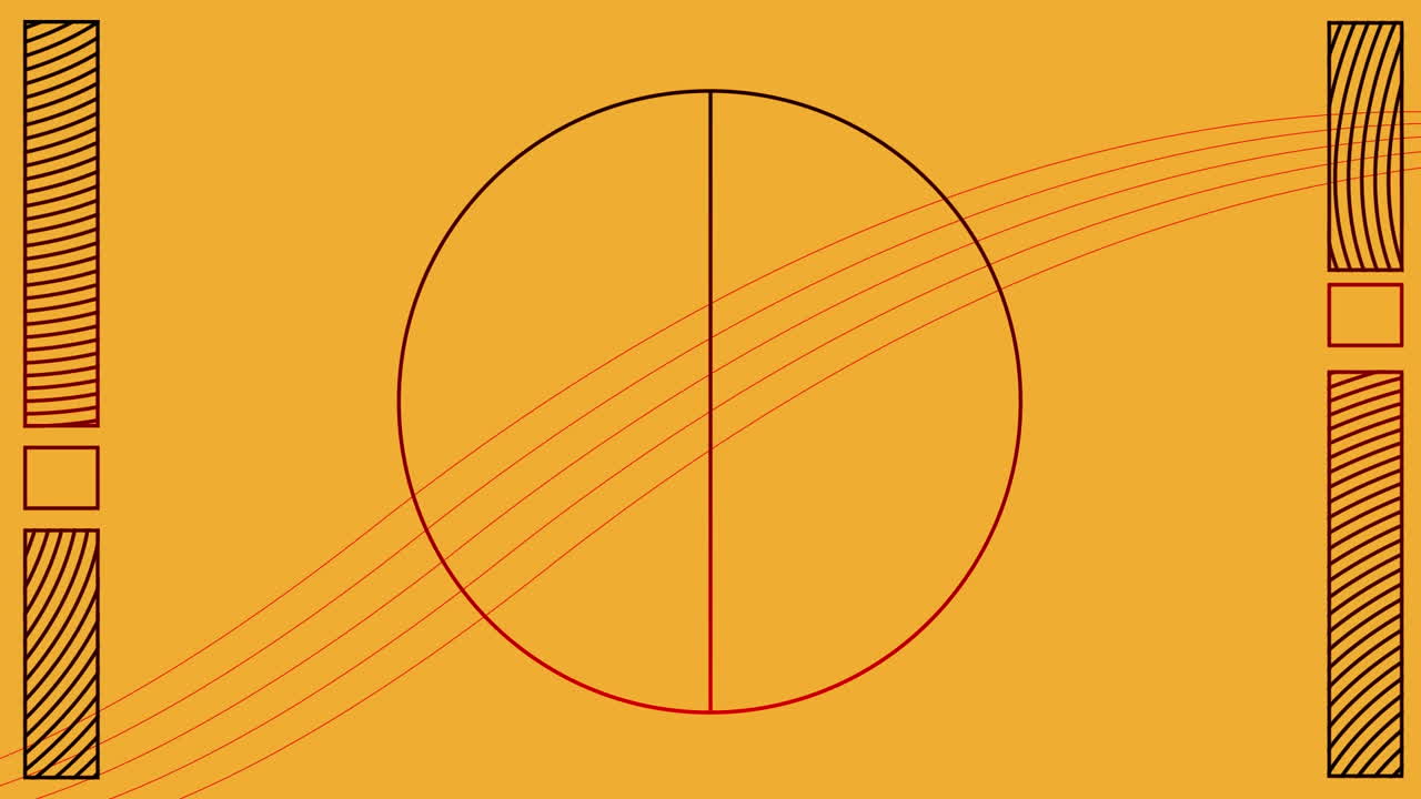 노란색 배경에 원형 모양을 움직이는 선과 추상적인 모양의 디지털 애니메이션