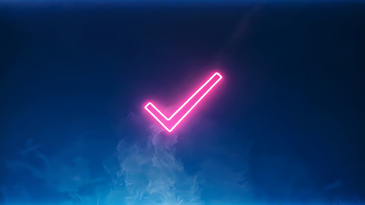 Lighting pulse initiating neon pink check mark glowing in studio backdrop, emitting bluish smoke