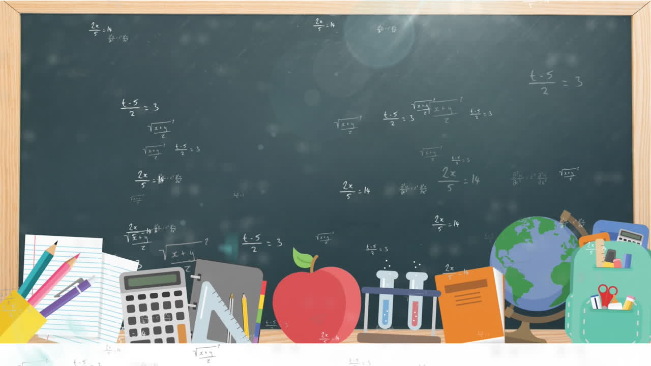 Animasi persamaan matematika dan ikon sekolah dengan papan tulis