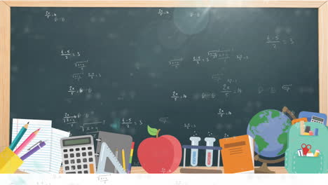 animación de ecuaciones matemáticas e iconos escolares con pizarra
