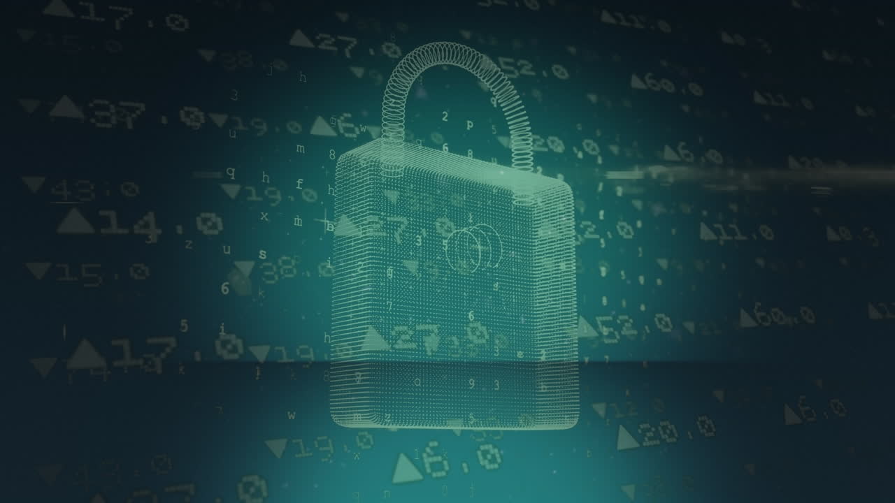 animazione di forma viola su lucchetto digitale su sfondo verde con dati finanziari