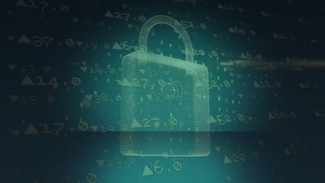 animación de una forma púrpura sobre un candado digital sobre un fondo verde con datos financieros