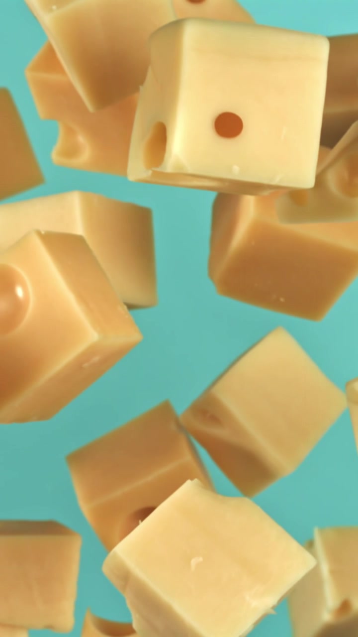 Cubetti di formaggio che cadono al rallentatore su sfondo blu