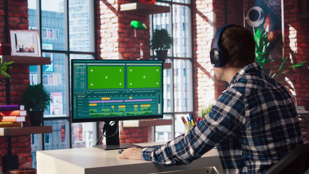 videógrafo ajustando profesionalmente los clips usando una computadora de pantalla verde