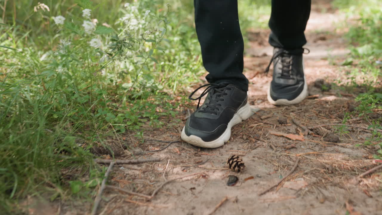 Leg view of man in black trousers wearing canvas sneakers walking along forest pathway surrounded by grass, twigs, and wild plants in natural outdoor environment under daylight atmosphere