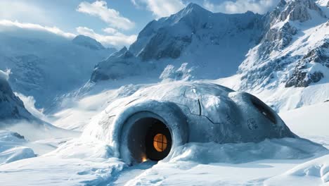 a snow covered igloo in the middle of a snowy mountain range