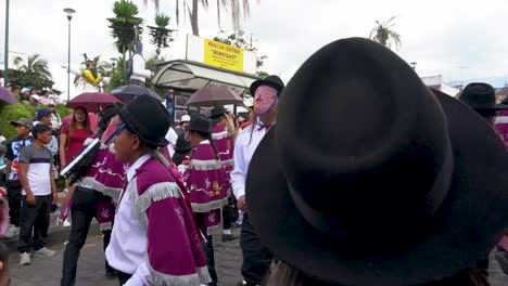 peruvian native folk dancers dancing on music in huancayo, peru. traditional dancers.