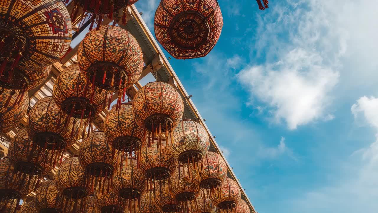 Panning camera revealing ornate hanging lanterns on trellis, exposing blue sky and swaying tassels