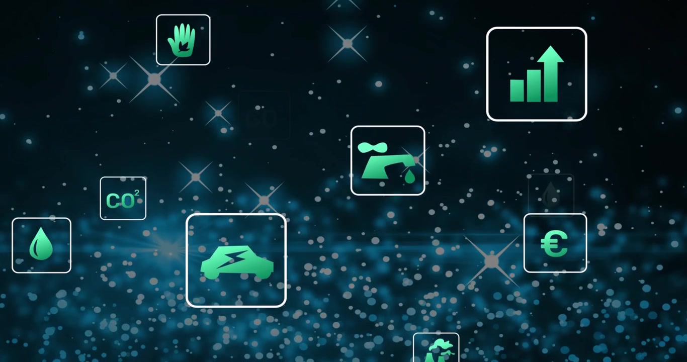 Dark starfield initiating neon-green icons drifting and shifting while visualizing sustainability