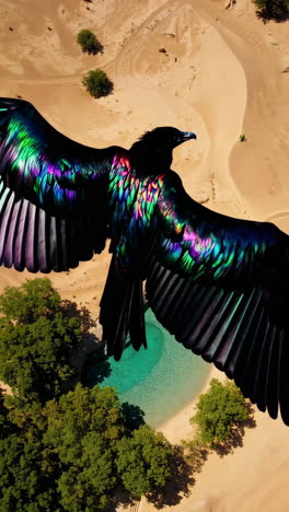 a colorful bird soaring over a desert oasis