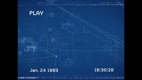 animation of glitch technique on screen and dots interconnecting with lines, graphs and icons
