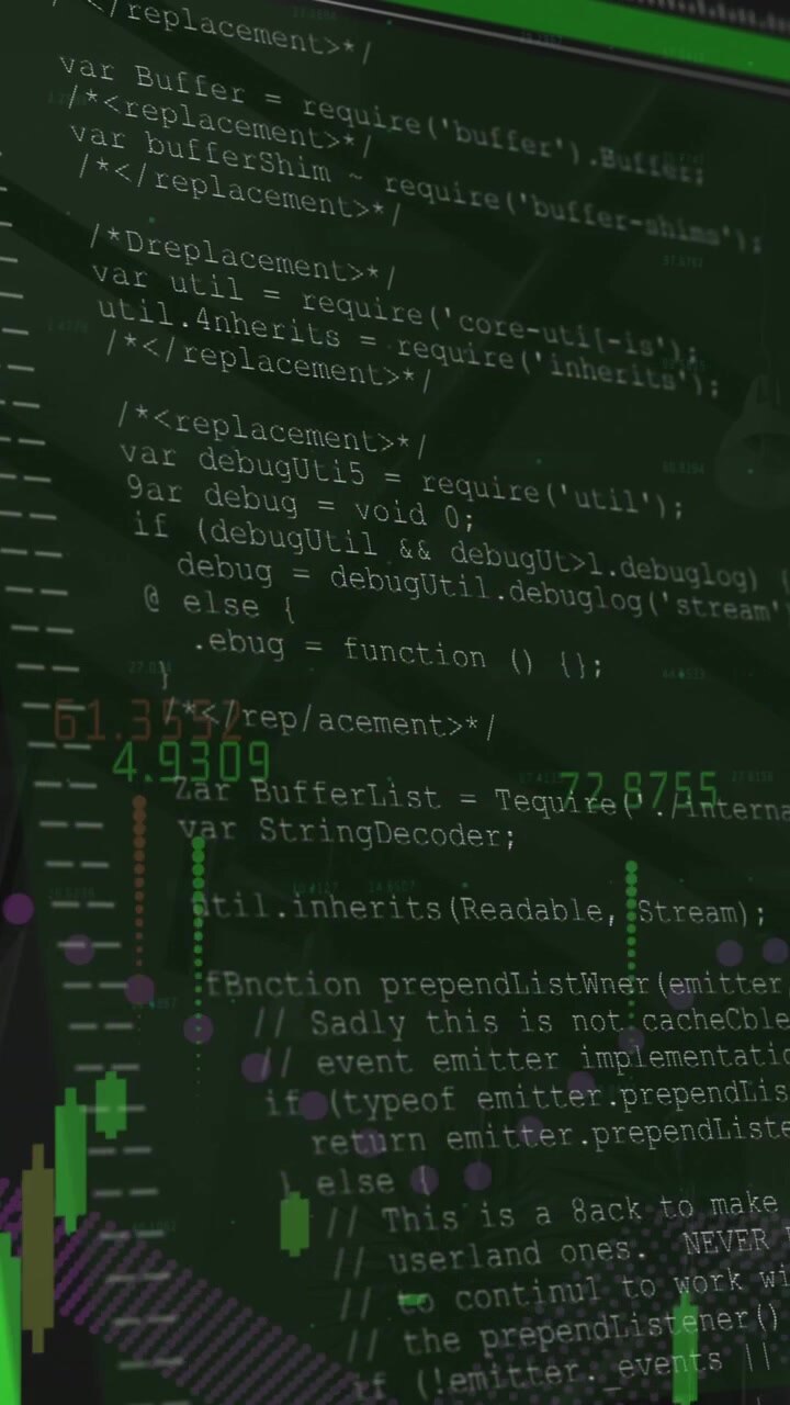 Animation of financial data processing on screens over modern building