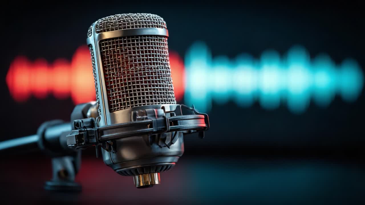 A high-quality microphone captured in two frames, featuring dynamic sound wave visuals in the background, showcasing audio recording technology in action